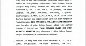  YAB Ustaz Dato’ Bentara Kanan Menteri Besar Kelantan telah mengisytiharkan bahawa KDYMM Sultan Muhammad V, Sultan dan Yang Dipertuan Negeri Kelantan Darul Naim 