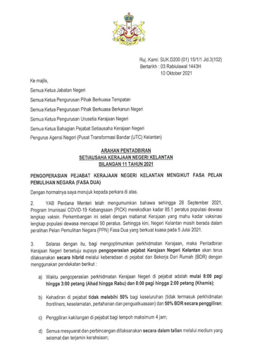 APN 11-Pengoperasian Pejabat Kerajaan Negeri Kelantan Mengikut Fasa Pelan Pemulihan Negara (Fasa Dua)