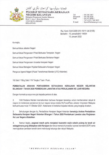 Pembatalan Arahan Pentadbiran Setiausaha Kerajaan Negeri Kelantan Bil 1 Tahun 2020