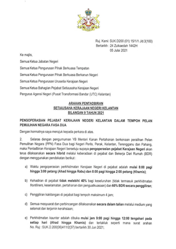 APN 09-Pengoperasian Pejabat Kerajaan Negeri Kelantan Dalam Tempoh Pelan Pemulihan Negara Fasa Dua